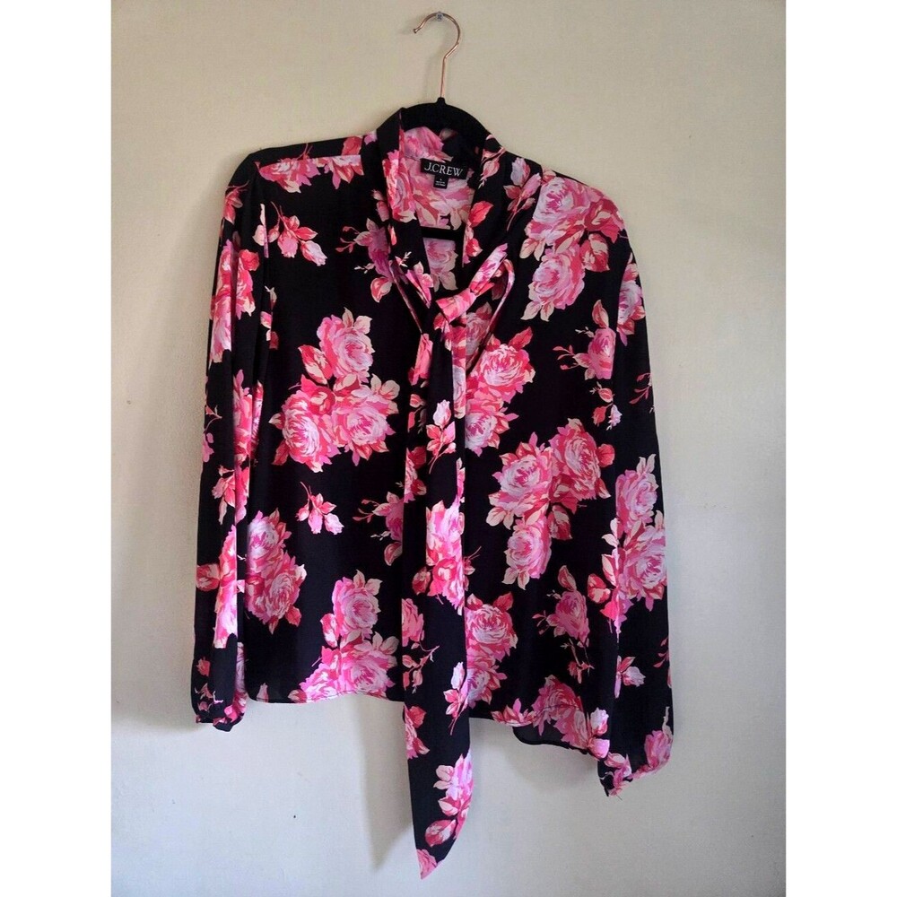 J.Crew Midnight Rose Floral Tie-Neck Blouse Black Pink Large Coquette